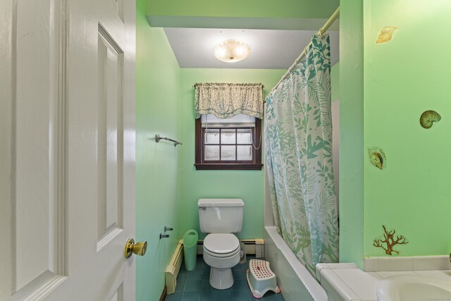 bathroom featuring tile patterned floors, toilet, and a baseboard heating unit