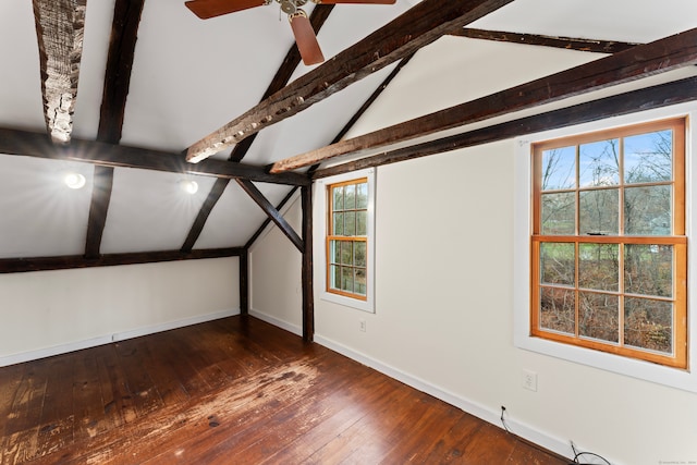 bonus room with ceiling fan, dark hardwood / wood-style floors, and lofted ceiling with beams