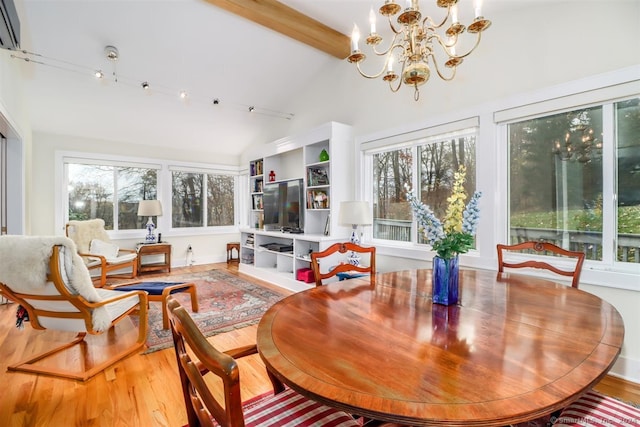 dining area with a notable chandelier, lofted ceiling with beams, a wealth of natural light, and hardwood / wood-style floors