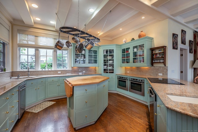 kitchen with stainless steel appliances, butcher block counters, a sink, backsplash, and dark wood finished floors