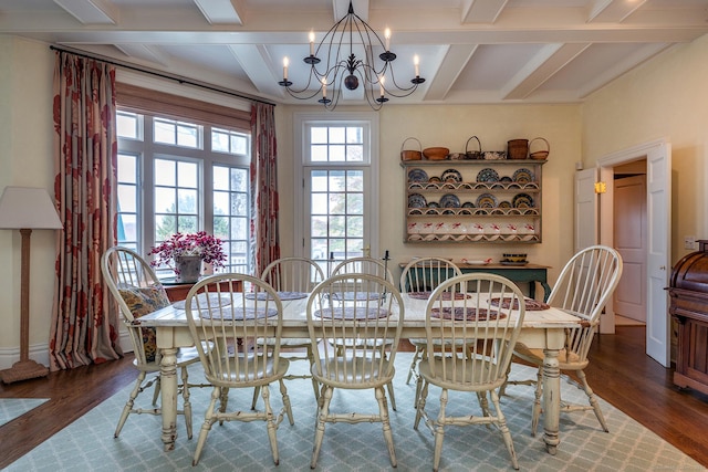 dining area featuring coffered ceiling, wood finished floors, beam ceiling, and a notable chandelier