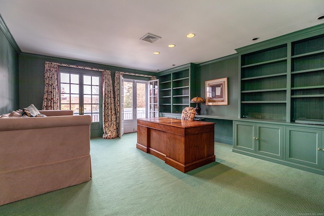 office with french doors, crown molding, recessed lighting, visible vents, and light carpet