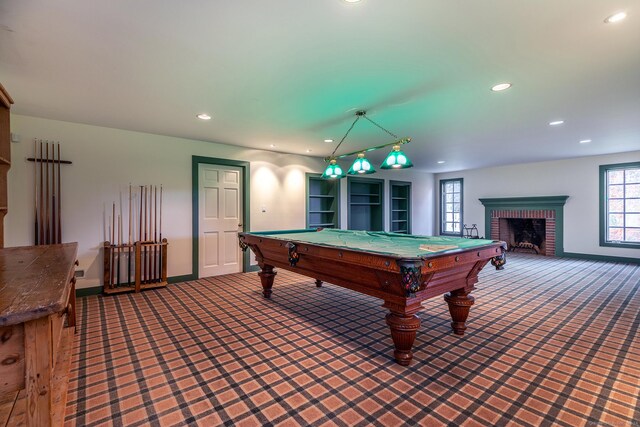 playroom with a fireplace, recessed lighting, carpet flooring, billiards, and baseboards