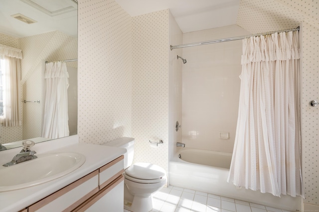 full bathroom featuring visible vents, toilet, shower / tub combo, vanity, and tile patterned floors