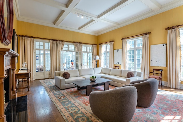 11 Ravenrock Rd, Roxbury, CT 06783 - living room with coffered ceiling, beam ceiling, hardwood / wood-style floors, and crown molding