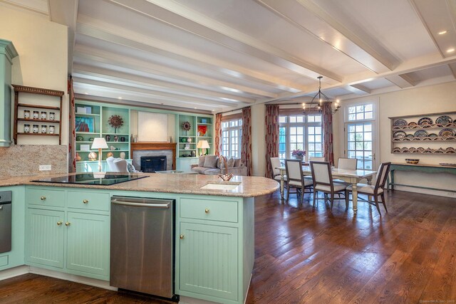 11 Ravenrock Rd, Roxbury, CT 06783 - kitchen with green cabinetry, a peninsula, plenty of natural light, beam ceiling, and black electric cooktop