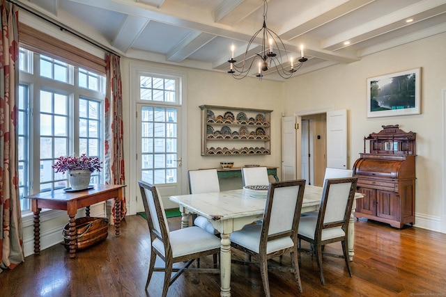 11 Ravenrock Rd, Roxbury, CT 06783 - dining room with dark wood-style floors, a chandelier, beam ceiling, coffered ceiling, and baseboards