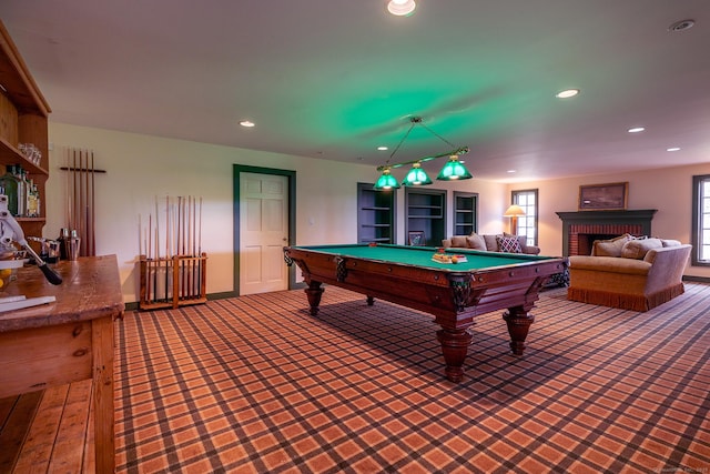 11 Ravenrock Rd, Roxbury, CT 06783 - recreation room featuring carpet flooring, billiards table, recessed lighting, baseboards, and a fireplace