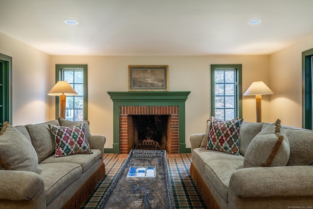 11 Ravenrock Rd, Roxbury, CT 06783 - living area with recessed lighting and a brick fireplace