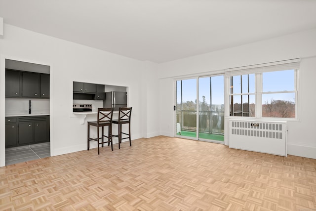 living room with sink, light parquet floors, and radiator