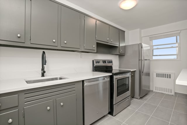 kitchen featuring appliances with stainless steel finishes, sink, radiator, and gray cabinets