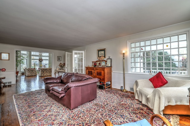 living room with dark hardwood / wood-style flooring and plenty of natural light