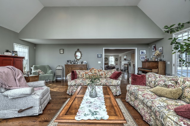 living room featuring dark hardwood / wood-style flooring, a wealth of natural light, and vaulted ceiling