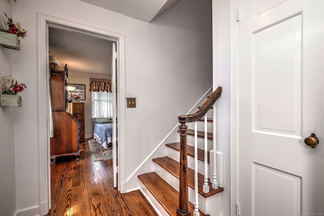 stairway featuring wood-type flooring and crown molding