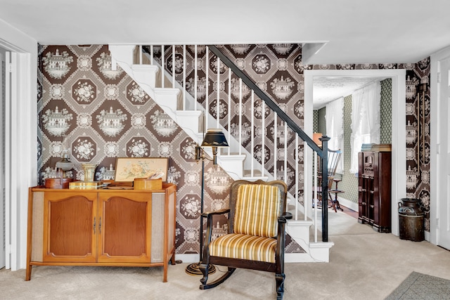 stairs featuring carpet flooring