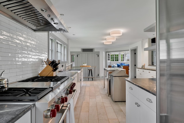 kitchen with range hood, stainless steel appliances, tasteful backsplash, and white cabinets
