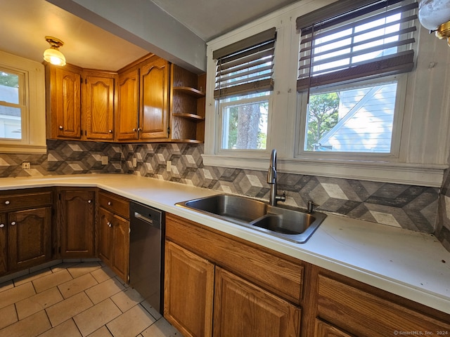 kitchen featuring sink, decorative backsplash, and black dishwasher