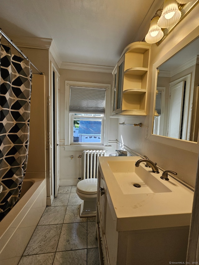 full bathroom with ornamental molding, shower / tub combo with curtain, vanity, radiator heating unit, and toilet