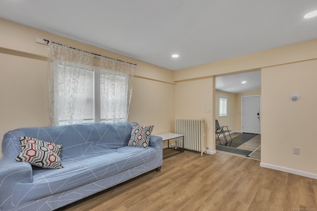 living room with hardwood / wood-style floors and radiator