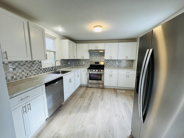 kitchen with white cabinetry, sink, stainless steel appliances, light hardwood / wood-style flooring, and decorative backsplash