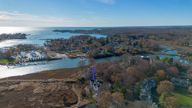 bird's eye view with a water view