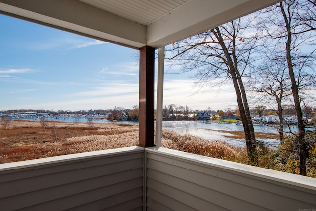 interior space with a water view