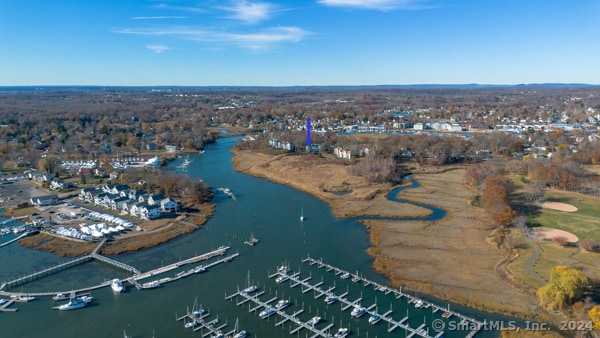 bird's eye view with a water view