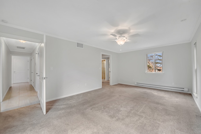 carpeted empty room featuring ceiling fan, a baseboard radiator, and ornamental molding