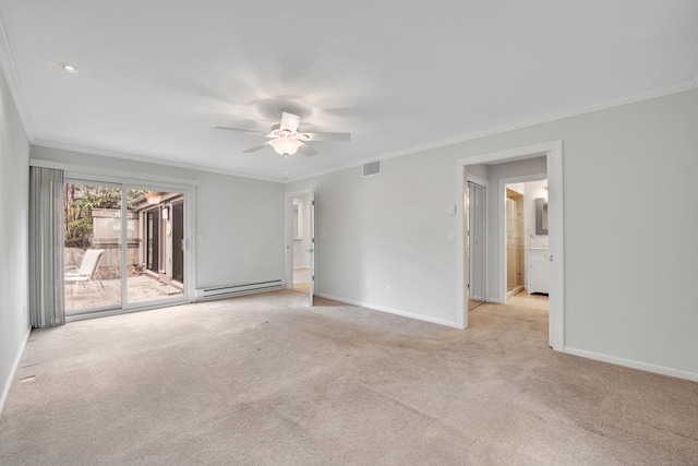 unfurnished room featuring a baseboard radiator, light carpet, and crown molding