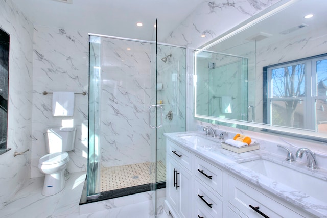 bathroom with vanity, toilet, and an enclosed shower