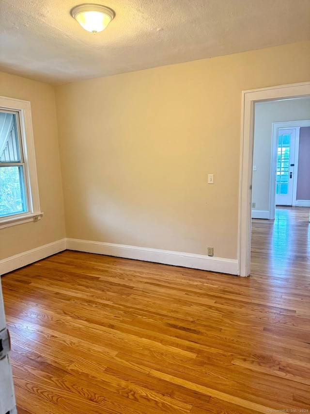 spare room featuring a wealth of natural light, a textured ceiling, and light hardwood / wood-style flooring