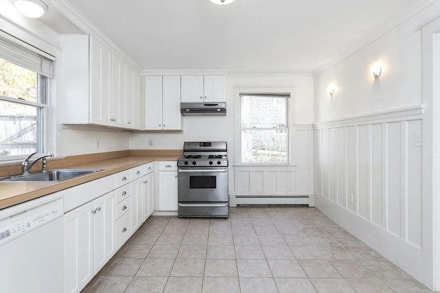 kitchen featuring white cabinetry, sink, baseboard heating, white dishwasher, and stainless steel range with gas stovetop