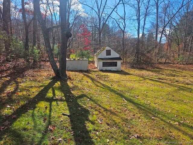 view of yard with a garage and a storage unit