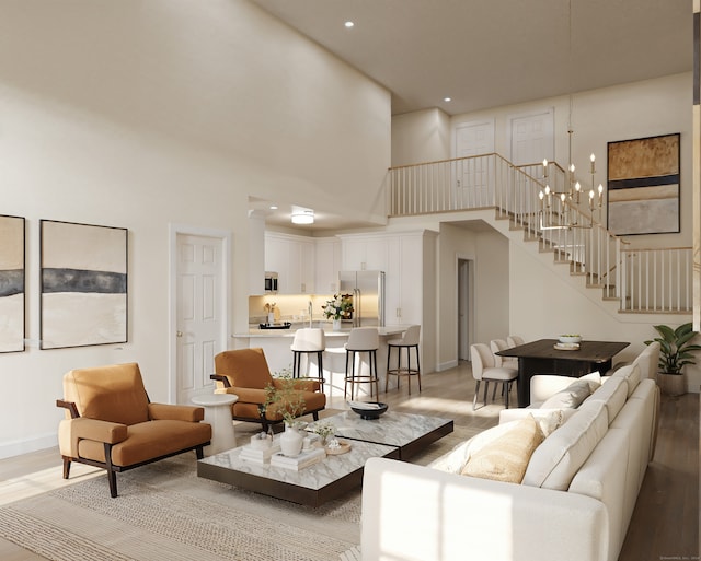 living room with a towering ceiling, light hardwood / wood-style floors, and an inviting chandelier