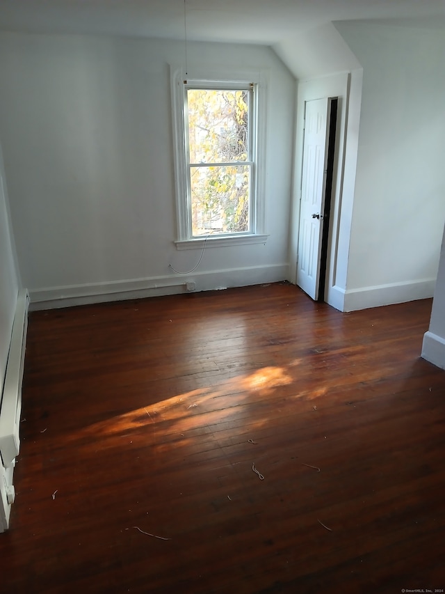 interior space featuring dark hardwood / wood-style flooring and vaulted ceiling