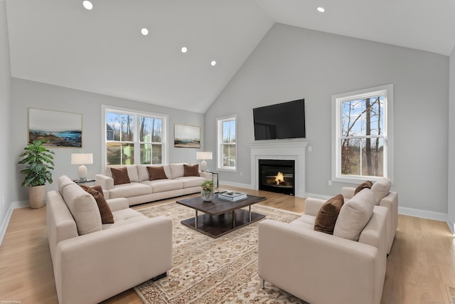 living room featuring light wood-type flooring and high vaulted ceiling