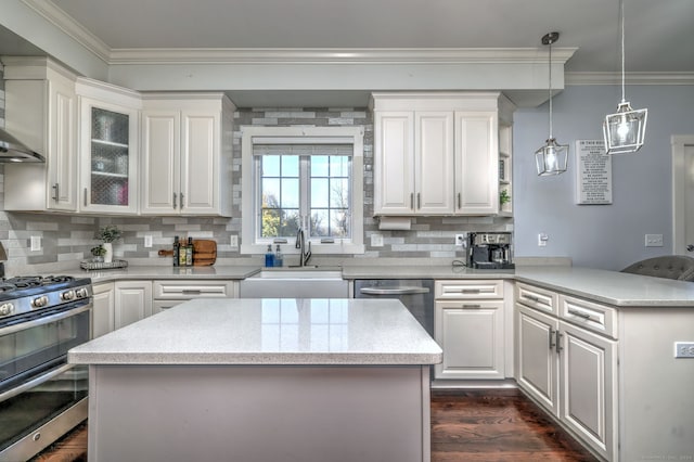 kitchen with dark wood-type flooring, white cabinets, hanging light fixtures, sink, and appliances with stainless steel finishes