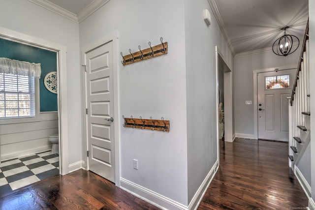 entrance foyer featuring crown molding, dark hardwood / wood-style flooring, and an inviting chandelier