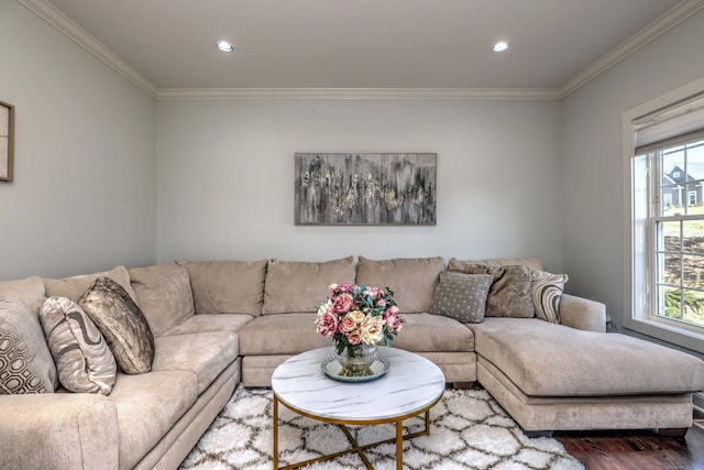 living room with a wealth of natural light, hardwood / wood-style floors, and ornamental molding