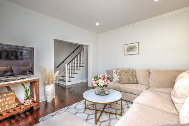 living room featuring hardwood / wood-style floors and crown molding