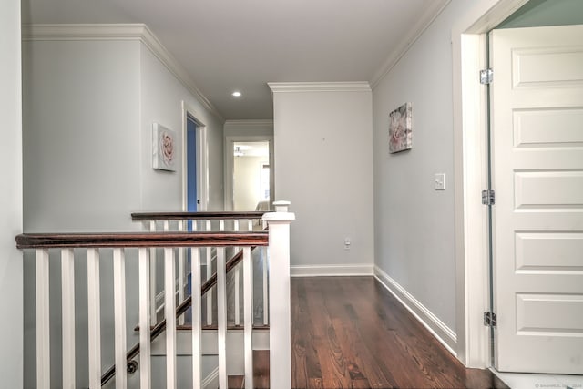 hallway featuring dark hardwood / wood-style flooring and ornamental molding