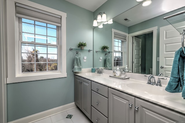 bathroom with tile patterned flooring, vanity, and plenty of natural light