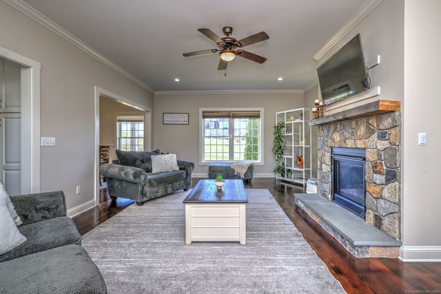 living room with dark hardwood / wood-style flooring, a fireplace, and a wealth of natural light