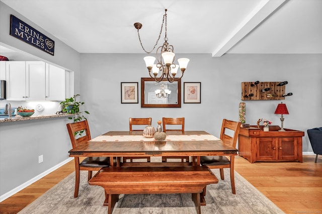 dining room featuring sink, light hardwood / wood-style flooring, beamed ceiling, and a notable chandelier