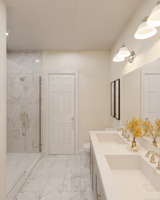 bathroom with vanity, toilet, and walk in shower