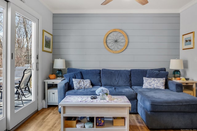 living room featuring ceiling fan, light hardwood / wood-style floors, crown molding, and wooden walls