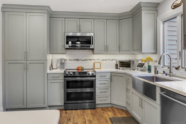 kitchen with light wood-type flooring, stainless steel appliances, gray cabinets, and tasteful backsplash