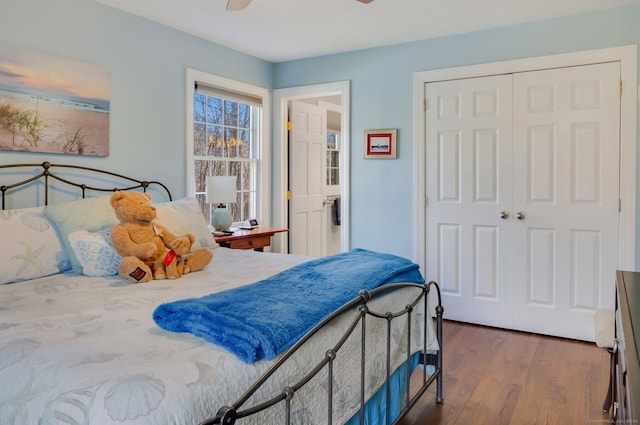 bedroom featuring dark hardwood / wood-style flooring, a closet, and ceiling fan