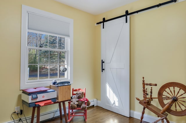 interior space featuring hardwood / wood-style flooring, a healthy amount of sunlight, a barn door, and a baseboard radiator