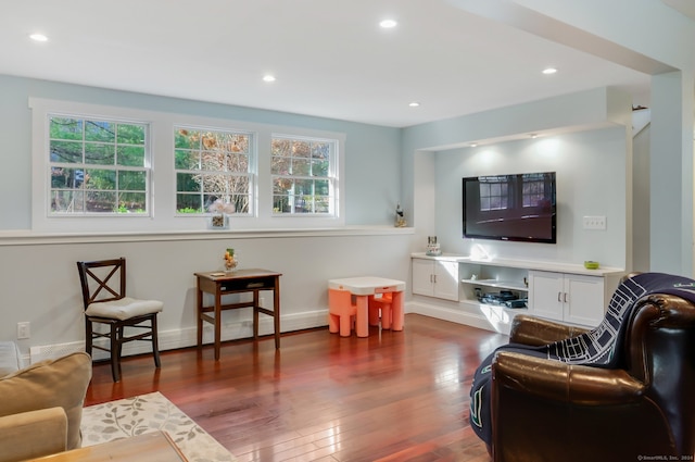 living room with dark hardwood / wood-style flooring